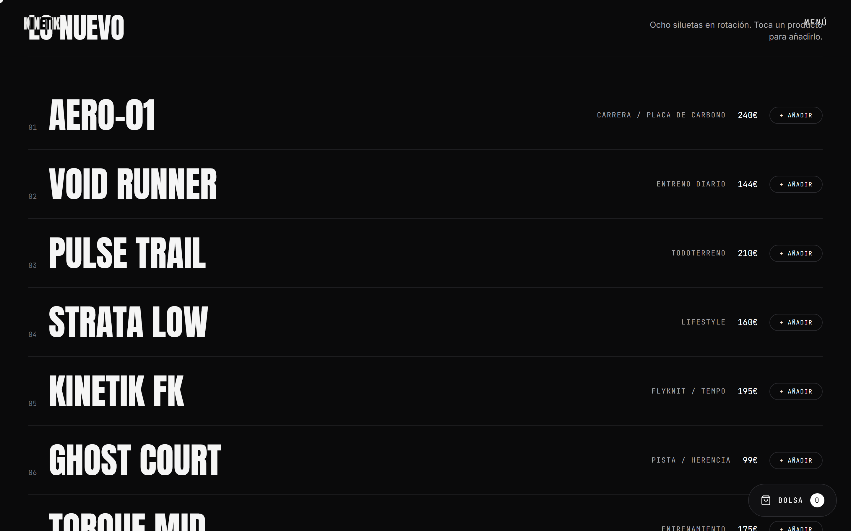 Lista de productos con hover-reveal.